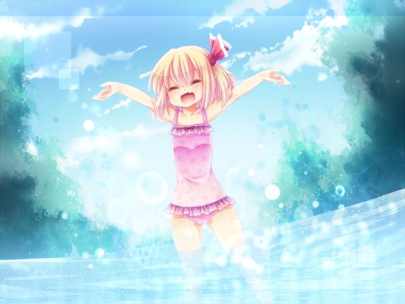 1girl, blonde_hair, casual_one-piece_swimsuit, child, embodiment_of_scarlet_devil, closed_eyes, fang, female_focus, hair_ribbon, kurosu_rino, one-piece_swimsuit, open_mouth, outstretched_arms, polka_dot, polka_dot_swimsuit, ribbon, rumia, short_hair, solo, splashing, spread_arms, swimsuit, touhou, wading, water