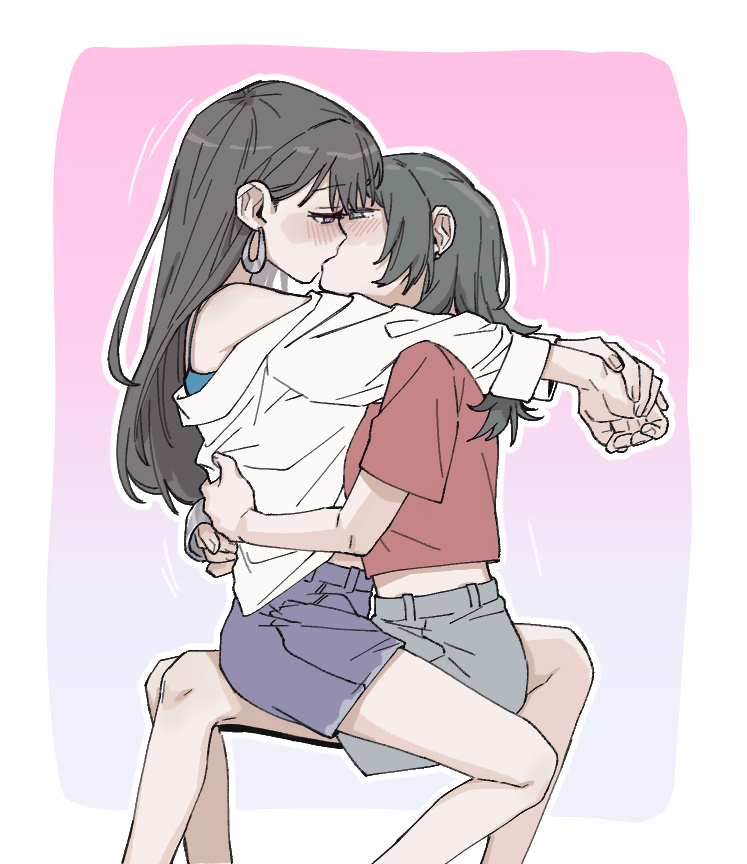 2girls, bang_dream!, bang_dream!_it's_mygo!!!!!, black_hair, blush, criangle_k., earrings, gradient_background, green_eyes, hug, jewelry, kiss, long_hair, long_sleeves, multiple_girls, off_shoulder, purple_eyes, red_shirt, shiina_taki, shirt, shorts, sitting, sitting_on_lap, sitting_on_person, yahata_umiri, yuri