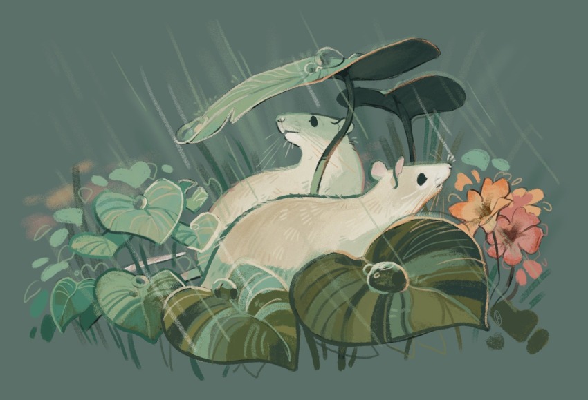 2others, animal_focus, commentary, english_commentary, finchwing, flower, green_background, green_theme