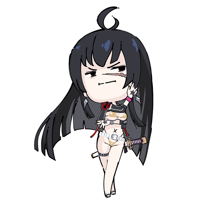 1girl, :/, alternate_hairstyle, bikini, black_hair, breasts, chibi, cropped_jacket