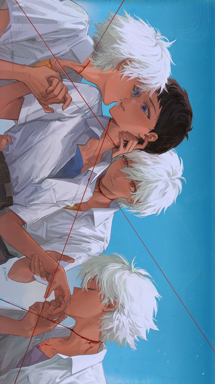 4boys, arm_up, belt, blood, blue_shirt, blue_sky, brown_belt, brown_hair