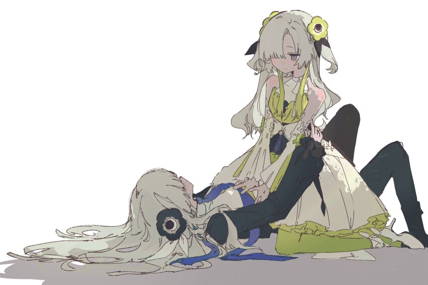 2girls, bare_shoulders, black_flower, blonde_hair, blue_necktie, breasts, commentary, detached_sleeves