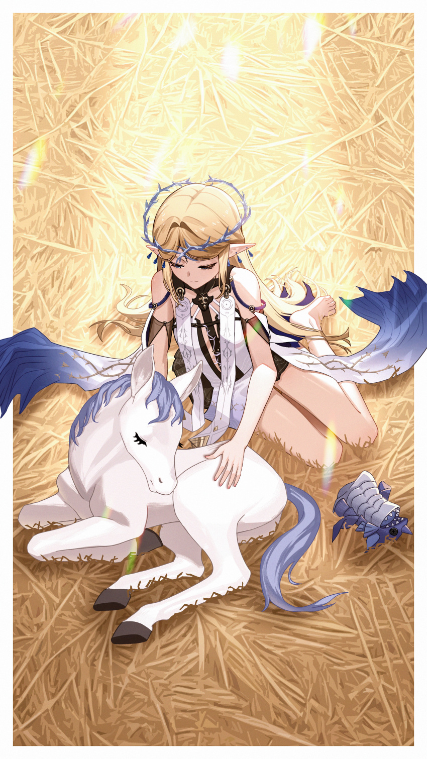 1girl, absurdres, bare_legs, bare_shoulders, barefoot, black_collar, black_dress, breasts