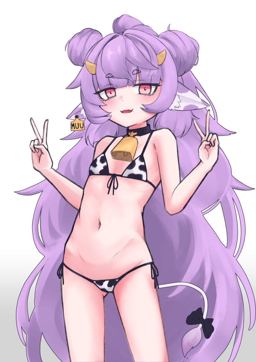 1girl, animal_ears, animal_print, bikini, blush, cow_ears, cow_print, cow_print_bikini