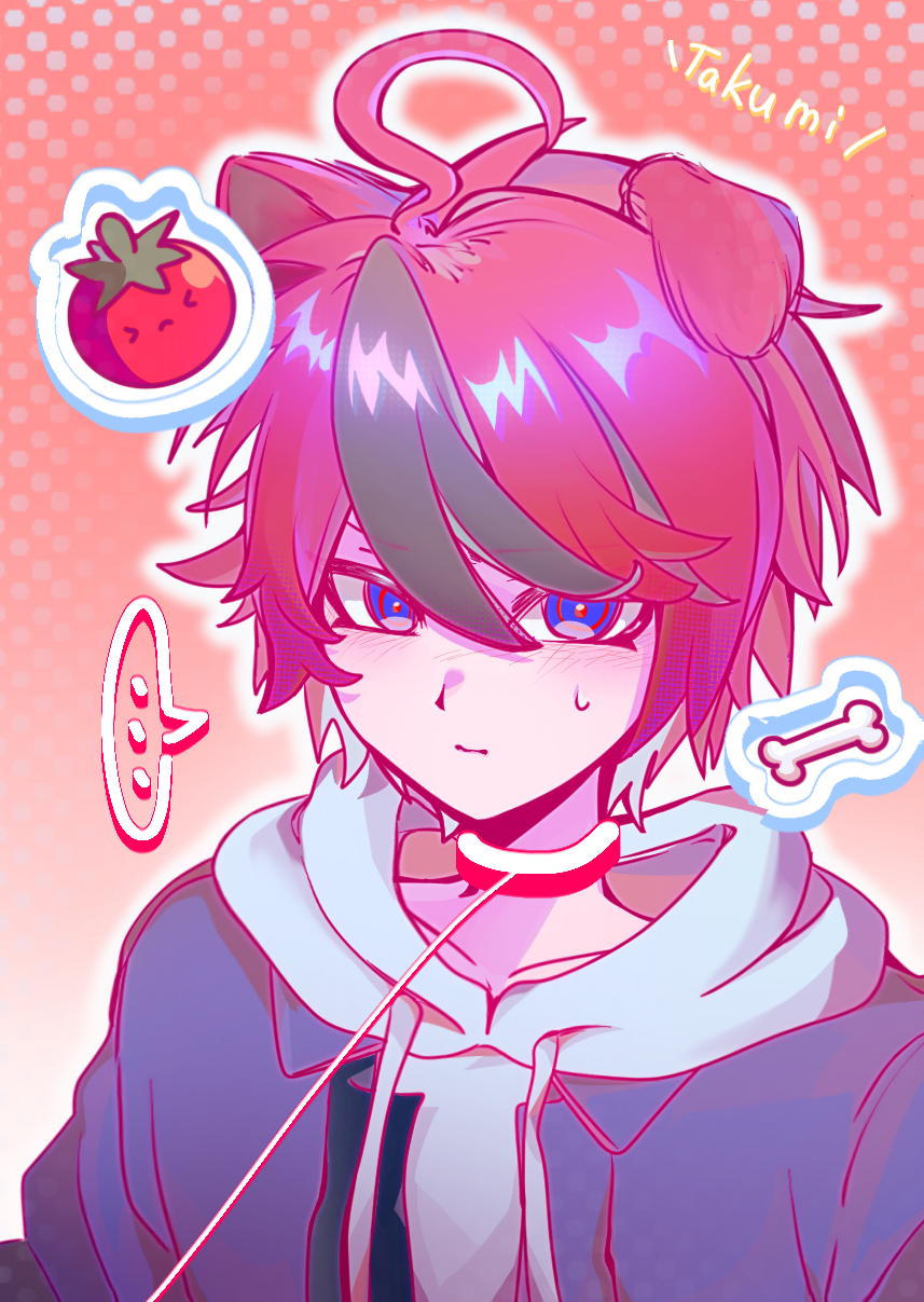 >_<, ..., 1boy, ahoge, black_hair, blue_eyes, bone, character_name