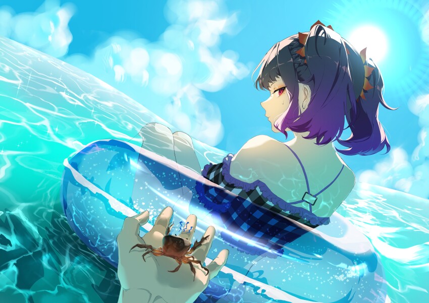 1girl, absurdres, bikini, blue_sky, braid, commission, crab, flower