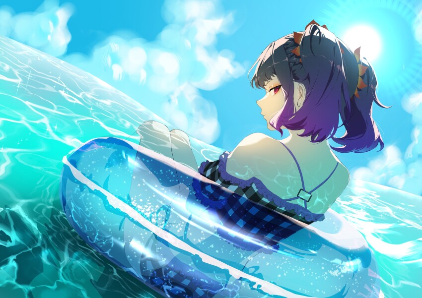 1girl, absurdres, bikini, blue_sky, braid, commission, flower, hair_flower, hair_ornament, highres, innertube, looking_at_viewer, looking_back, mole, mole_under_eye, multicolored_hair, ocean, off-shoulder_bikini, off_shoulder, official_alternate_costume, outdoors, plaid_bikini, plaid_clothes, purple_eyes, purple_hair, sideless_outfit, sky, solo, sun, swim_ring, swimsuit, symonne_(shade_girl)_(tales), symonne_(tales), tales_of_(series), tales_of_asteria, tales_of_the_rays, tales_of_zestiria, transparent_innertube, twintails, two-tone_hair, water, yumura30