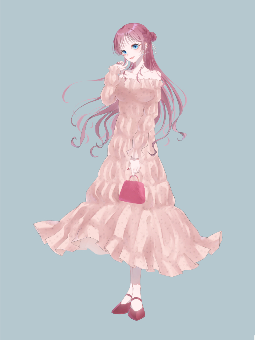 1girl, absurdres, aquarium_wa_odoranai, bag, bare_shoulders, blue_eyes, braid, breasts, brown_dress, brown_hair, chris_(aquarium_wa_odoranai), dress, full_body, grey_background, handbag, highres, long_hair, long_sleeves, mary_janes, medium_breasts, red_nails, red_shoes, shoes, solo, yr_uroy