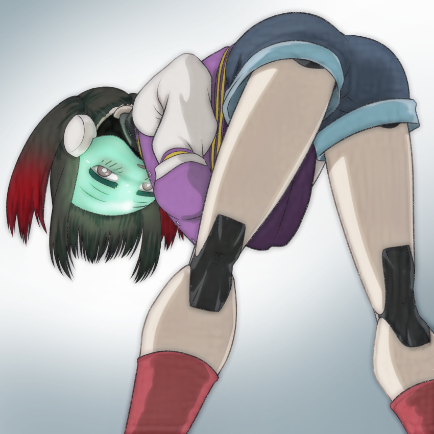 1girl, ass, bent_over, black_hair, blue_shorts, blush, colored_skin, denim