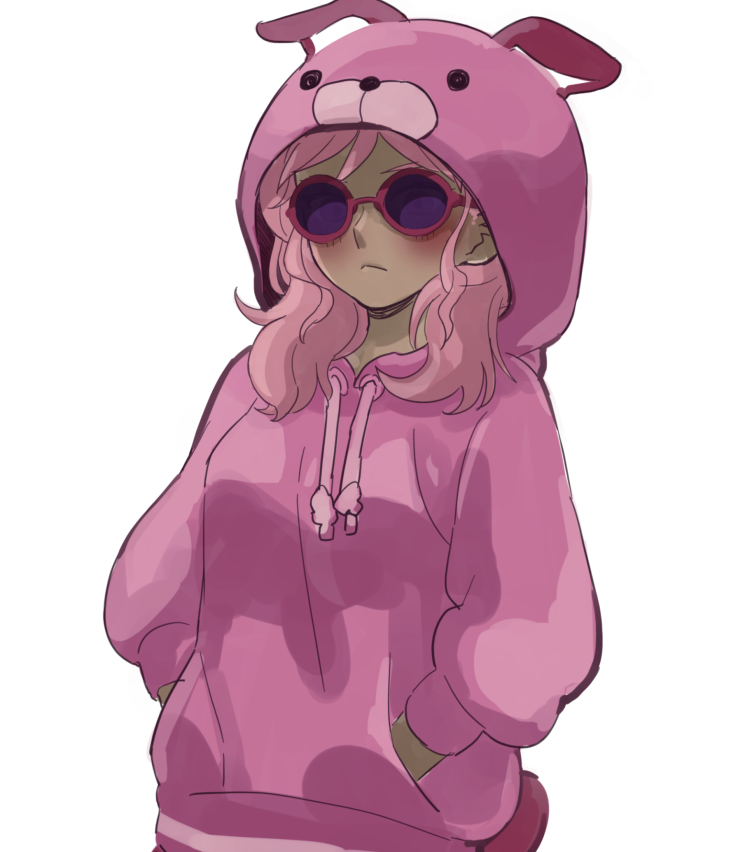 1girl, 4747moonwalk, animal_hood, blush, breasts, closed_mouth, commentary_request, dark-skinned_female