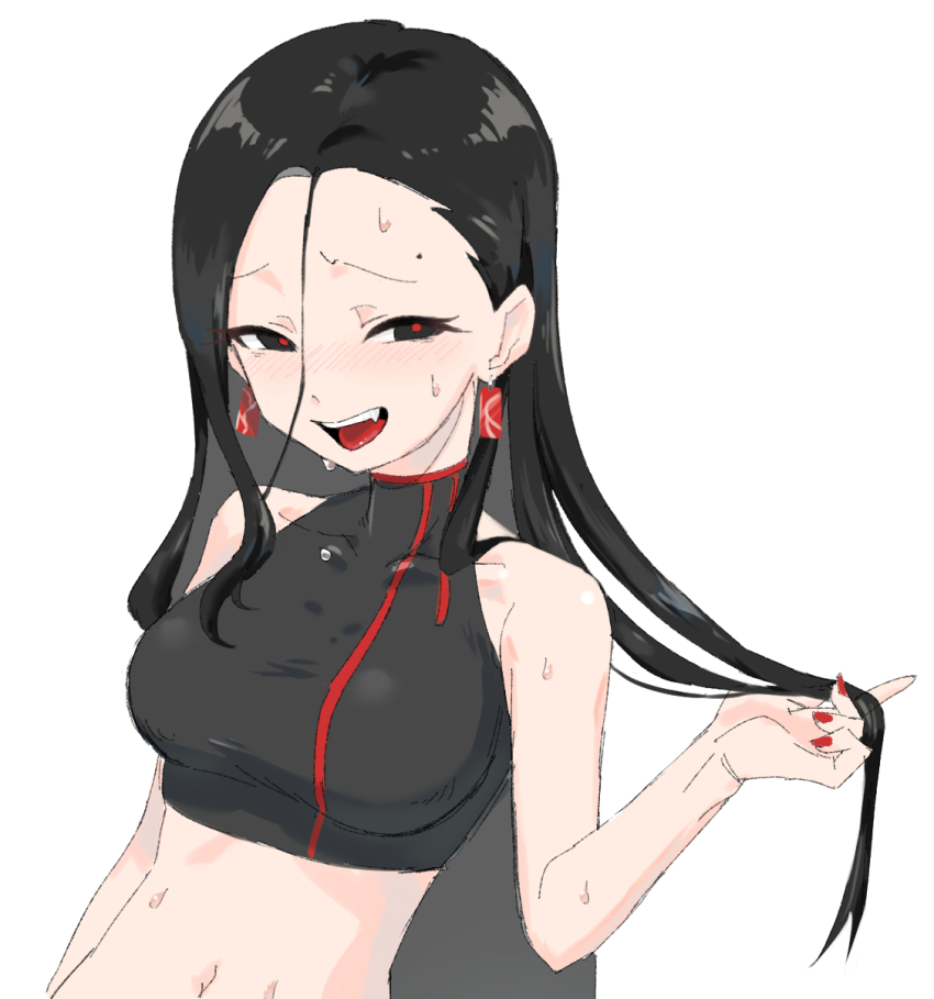 1girl, black_eyes, black_hair, black_sports_bra, blush, breasts, collarbone, highres, long_hair, lycorisanguine, mole, mole_above_eye, navel, no_gloves, red_nails, red_pupils, sports_bra, sweat, vimalion_pro, yi_xi_(synthesizer_v)