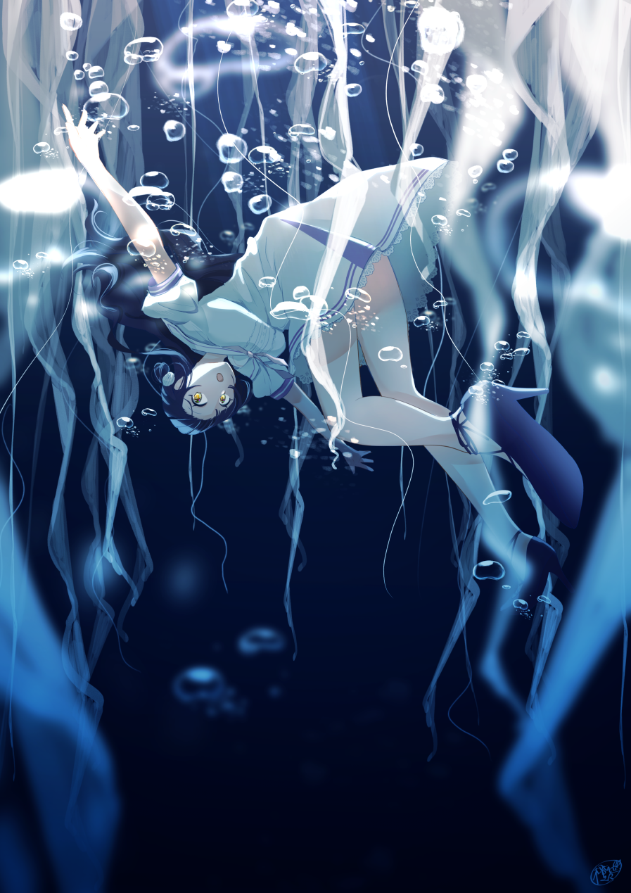 1girl, air_bubble, aquarium_wa_odoranai, black_shoes, bubble, daidai_(nana1234567), dress, hair_ornament