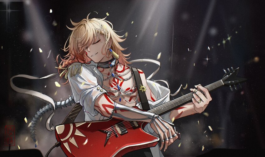 1boy, alternate_costume, braid, closed_eyes, earrings, electric_guitar, grin, guitar
