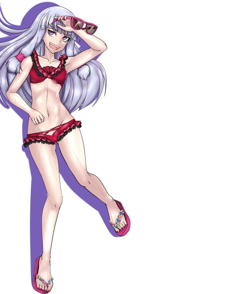 1girl, agria_(midsummer_girl)_(tales), agria_(tales), bikini, blunt_bangs, colored_shadow, commission, flip-flops