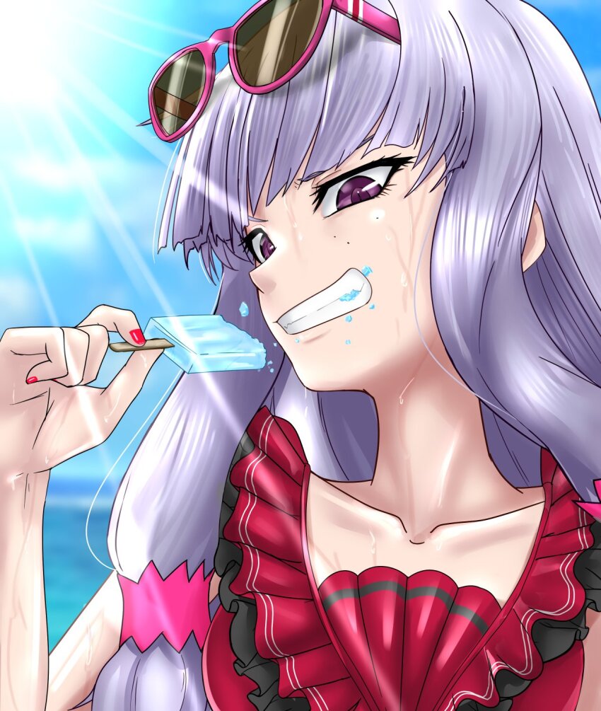 1girl, agria_(midsummer_girl)_(tales), agria_(tales), bikini, biting, blue_sky, blunt_bangs, commission