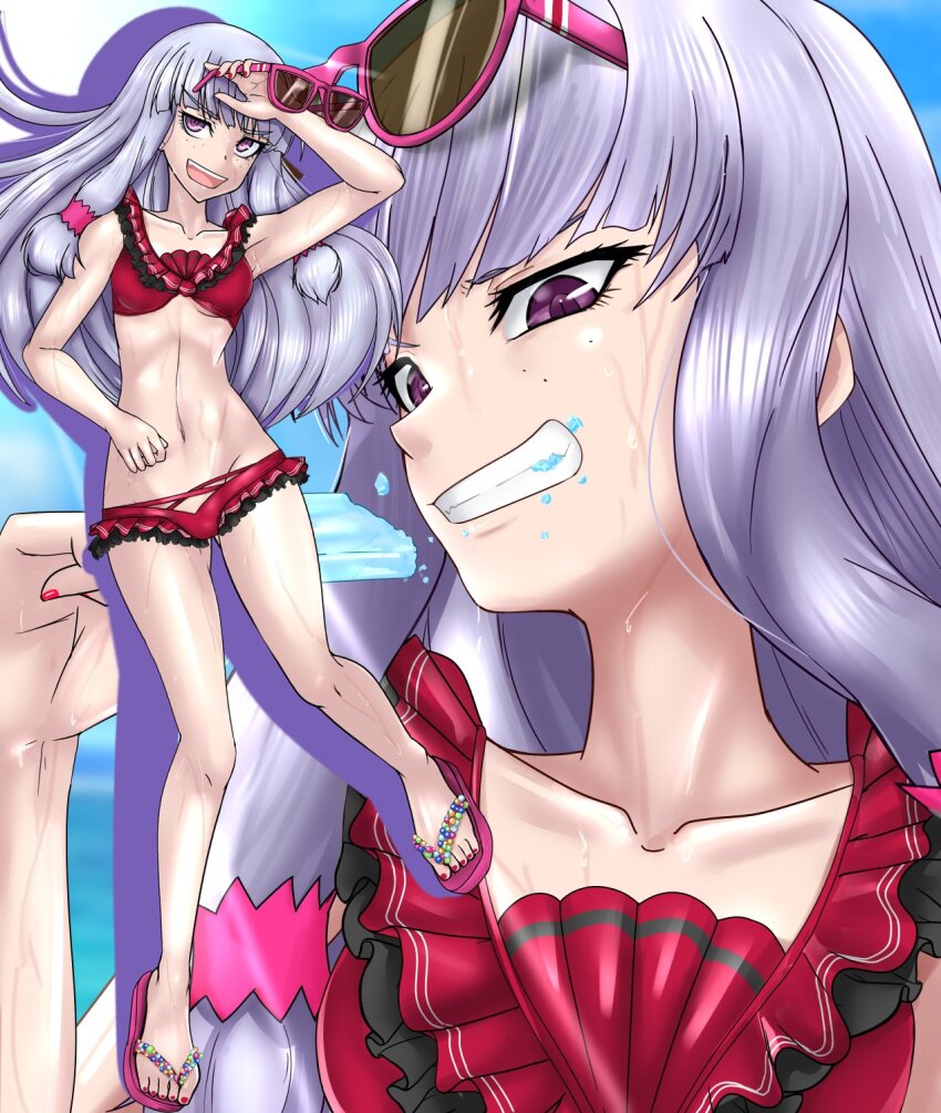 1girl, agria_(midsummer_girl)_(tales), agria_(tales), bikini, biting, blue_sky, blunt_bangs, colored_shadow