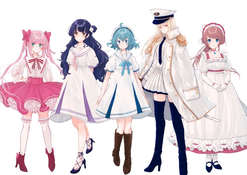 5girls, ahoge, ankle_boots, aquarium_wa_odoranai, blue_eyes, blue_hair, blush, boots