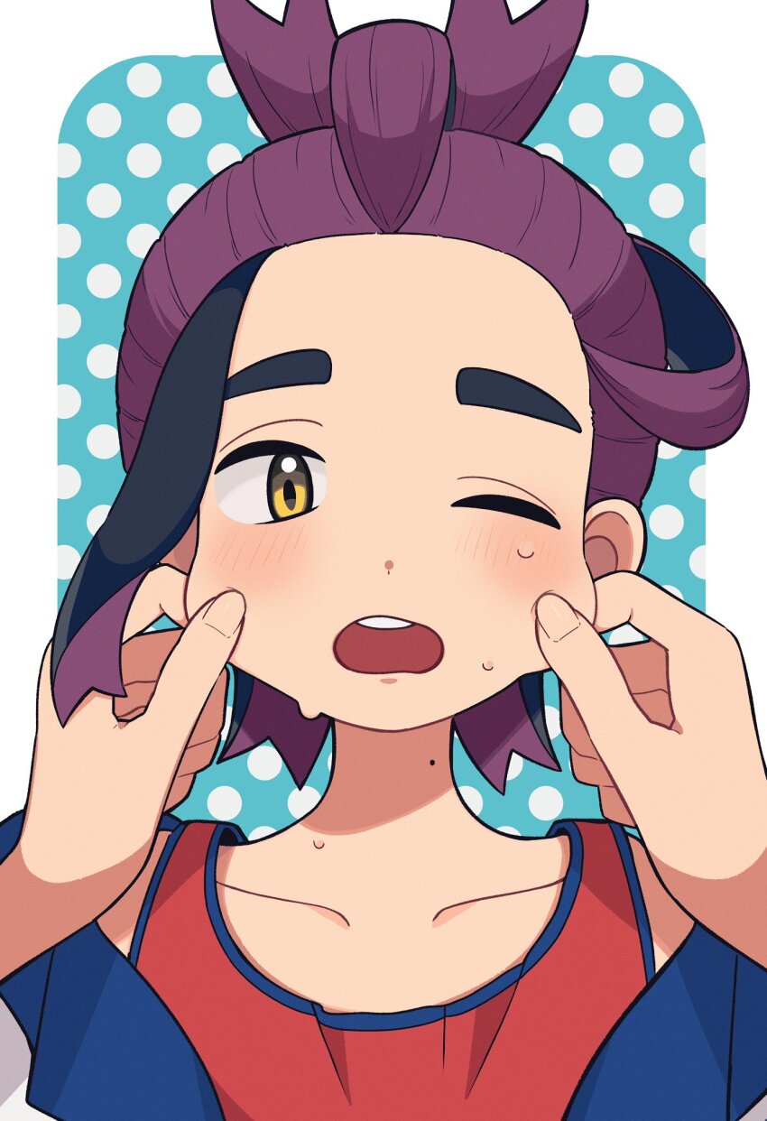 1boy, 1other, arms_up, bare_shoulders, cheek_pull, collarbone, dot_nose, dotted_background
