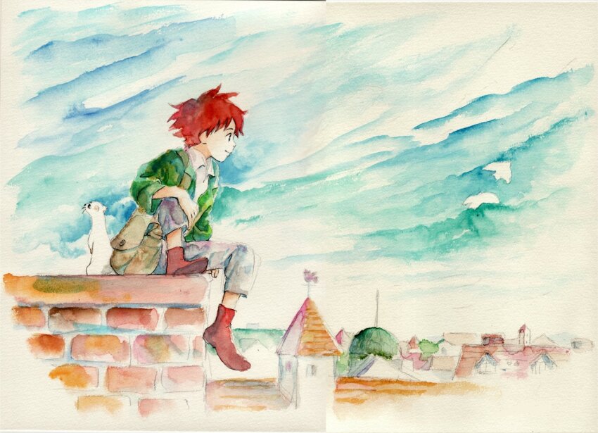 1boy, animal, black_eyes, blue_sky, boots, brown_bag, building, closed_mouth