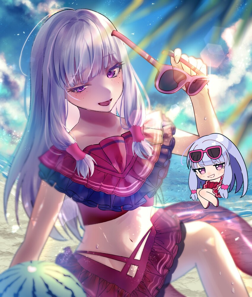 1girl, absurdres, agria_(midsummer_girl)_(tales), agria_(tales), beach, bikini, blunt_bangs, blush