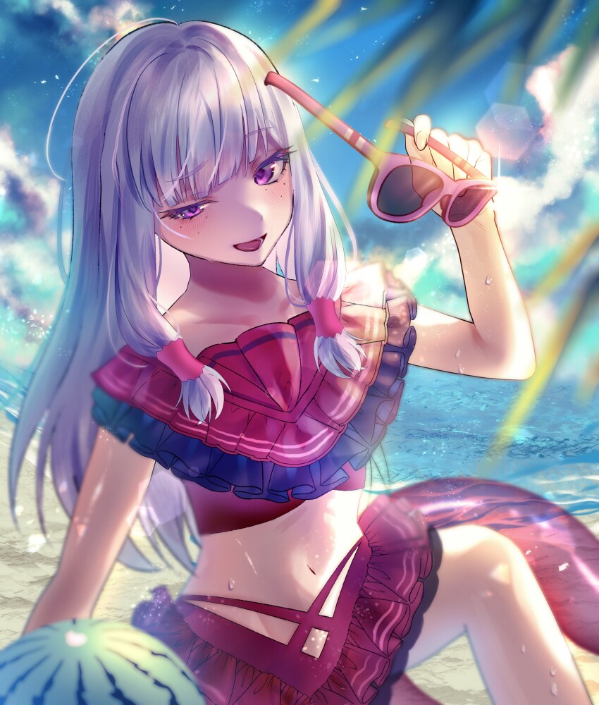 1girl, absurdres, agria_(midsummer_girl)_(tales), agria_(tales), beach, bikini, blunt_bangs, blush