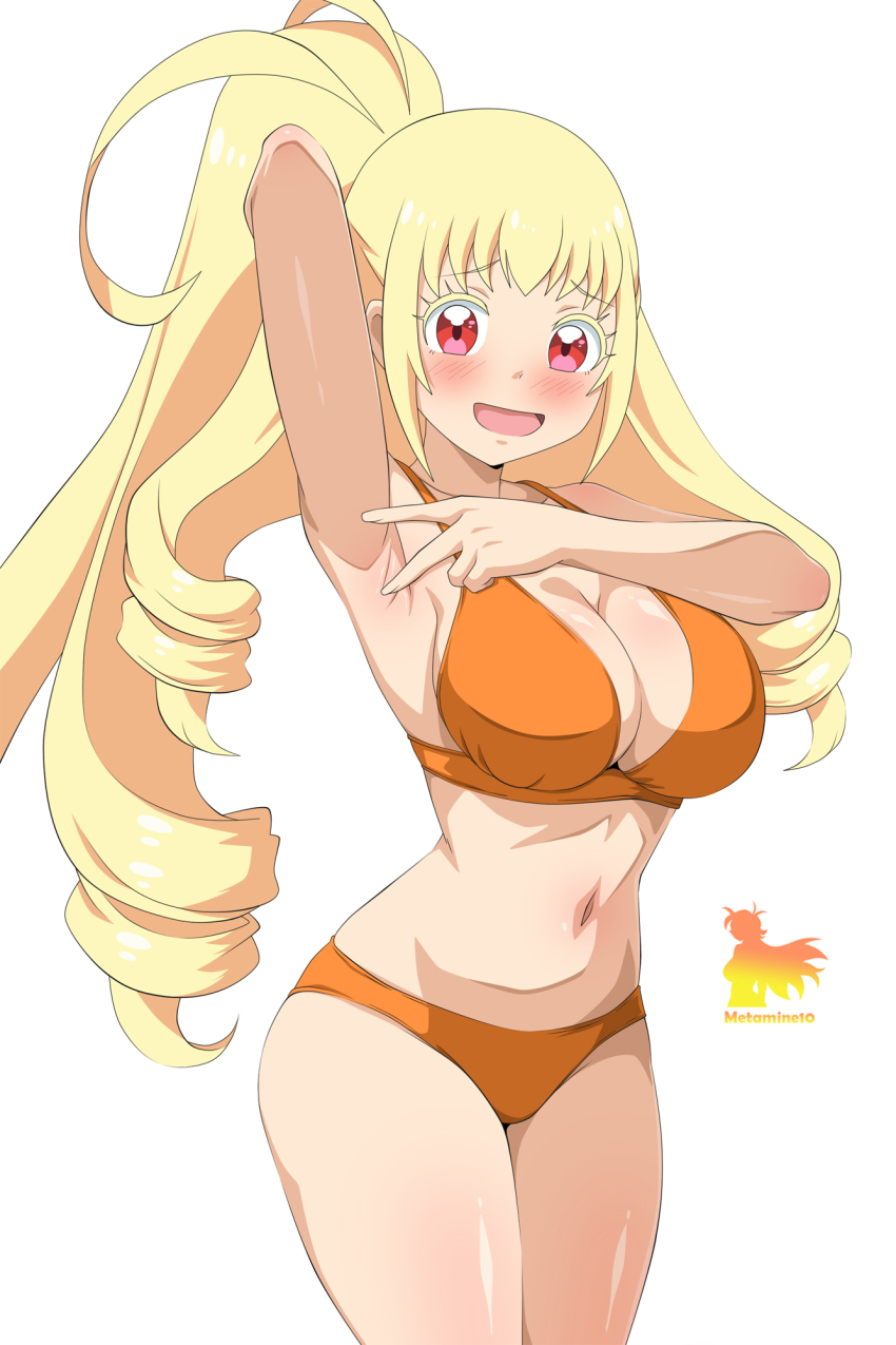 1girl, arm_behind_head, arm_up, armpits, bikini, blush, breasts, cleavage, highres, kagayaki_alice, kiratto_pri_chan, large_breasts, long_hair, looking_at_viewer, metaminegl, navel, open_mouth, orange_bikini, ponytail, presenting_armpit, pretty_series, red_eyes, simple_background, smile, solo, spanish_commentary, swimsuit, white_background
