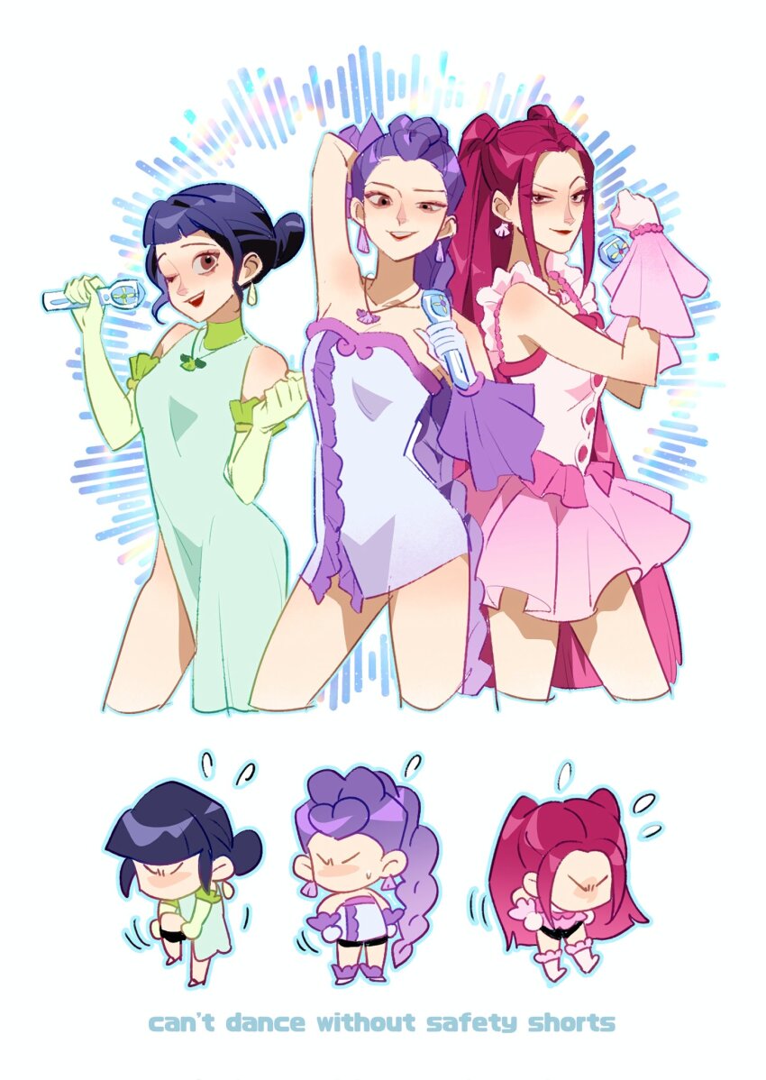 3girls, black_hair, black_shorts, braid, closed_mouth, dress, earrings, hair_bun, highres, jewelry, jiong_wen, kpop_demon_hunters, long_hair, looking_at_viewer, mira_(kpop_demon_hunters), multiple_girls, pink_hair, purple_hair, rumi_(kpop_demon_hunters), short_hair, shorts, shorts_under_dress, sidelocks, simple_background, smile, white_background, zoey_(kpop_demon_hunters)