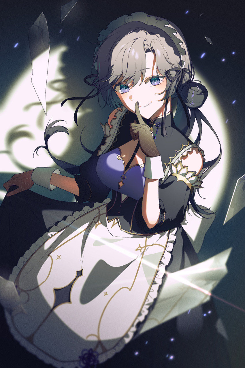 1girl, absurdres, apron, arm_up, black_corset, black_dress, black_ribbon, bra