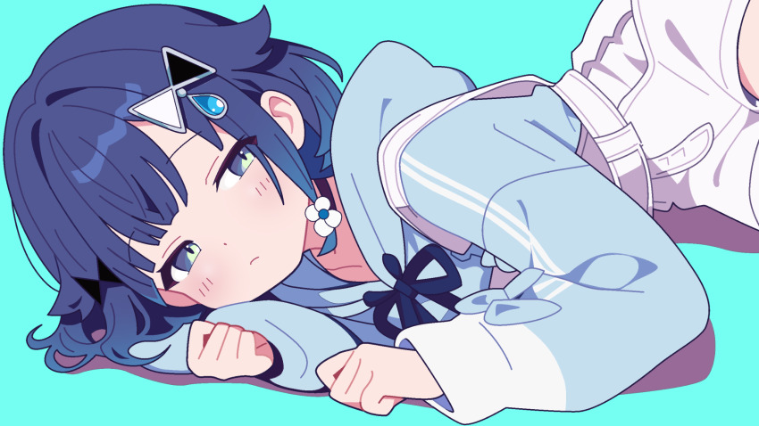 asymmetrical_sidelocks, blue_background, blue_eyes, blue_hair, blue_hoodie, blunt_bangs, blush, clenched_hands