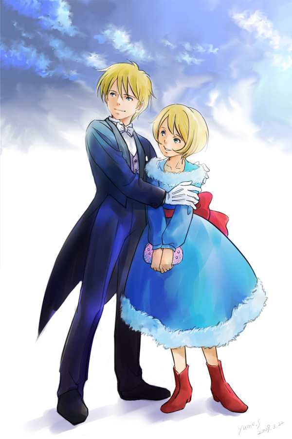 1boy, 1girl, alfredo_martini, artist_name, back_bow, bag, belt, bianca_martini