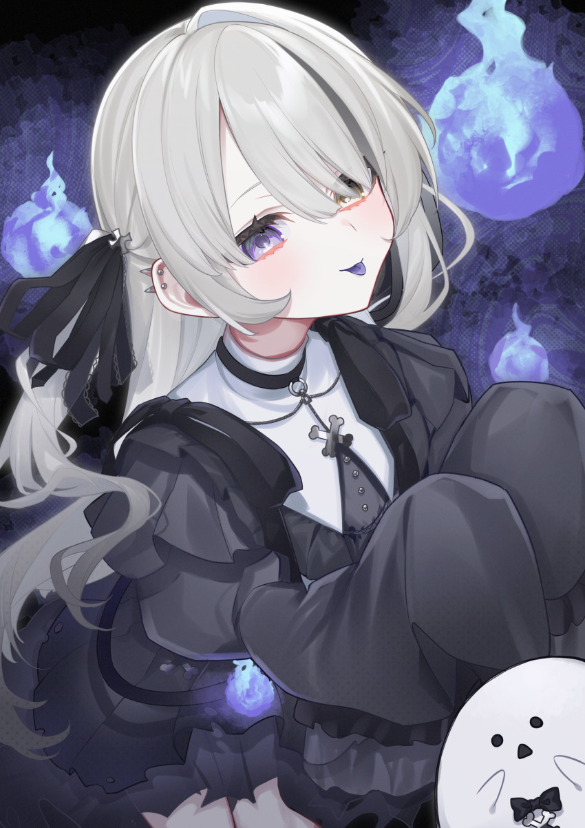 1girl, absurdres, black_dress, blush, breasts, colored_tongue, commentary_request, dress