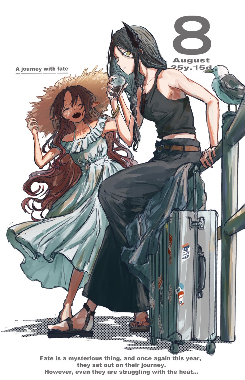 2girls, absurdres, arknights, bare_arms, bare_shoulders, belt, bird, black_horns, black_sandals, black_shirt, black_skirt, bracelet, braid, brown_belt, brown_hair, collarbone, commentary_request, cup, dated, dress, drink, english_text, full_body, hat, highres, holding, holding_cup, horns, ines_(arknights), jewelry, knm_kamakura, long_dress, long_hair, long_skirt, looking_at_viewer, multiple_girls, myrtle_(arknights), open_mouth, pointy_ears, rolling_suitcase, sandals, shirt, sidelocks, simple_background, single_braid, skirt, sleeveless, sleeveless_dress, sleeveless_shirt, straw_hat, suitcase, teeth, upper_teeth_only, white_background, white_dress, yellow_eyes