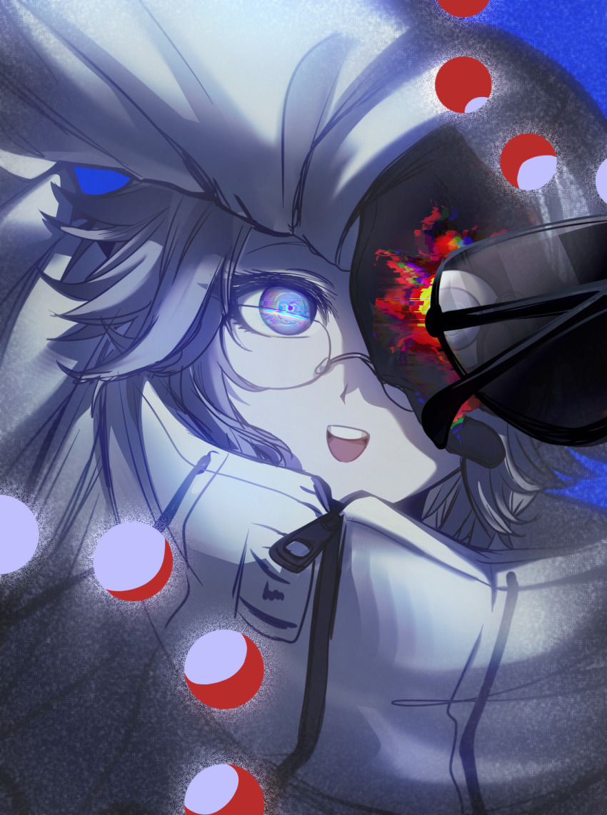 1boy, :d, aotsuki_eito, armor, black_gloves, blue_background, chinese_commentary, crescent_moon