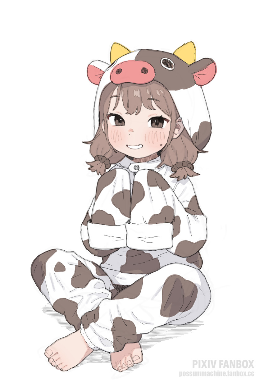 1girl, animal_costume, animal_print, barefoot, brown_hair, commentary, cosplay, cow_costume