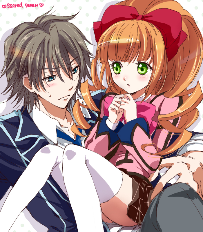 10s, 1boy, 1girl, aiba_ruri, akina_tsukako, blue_eyes, blush, bow