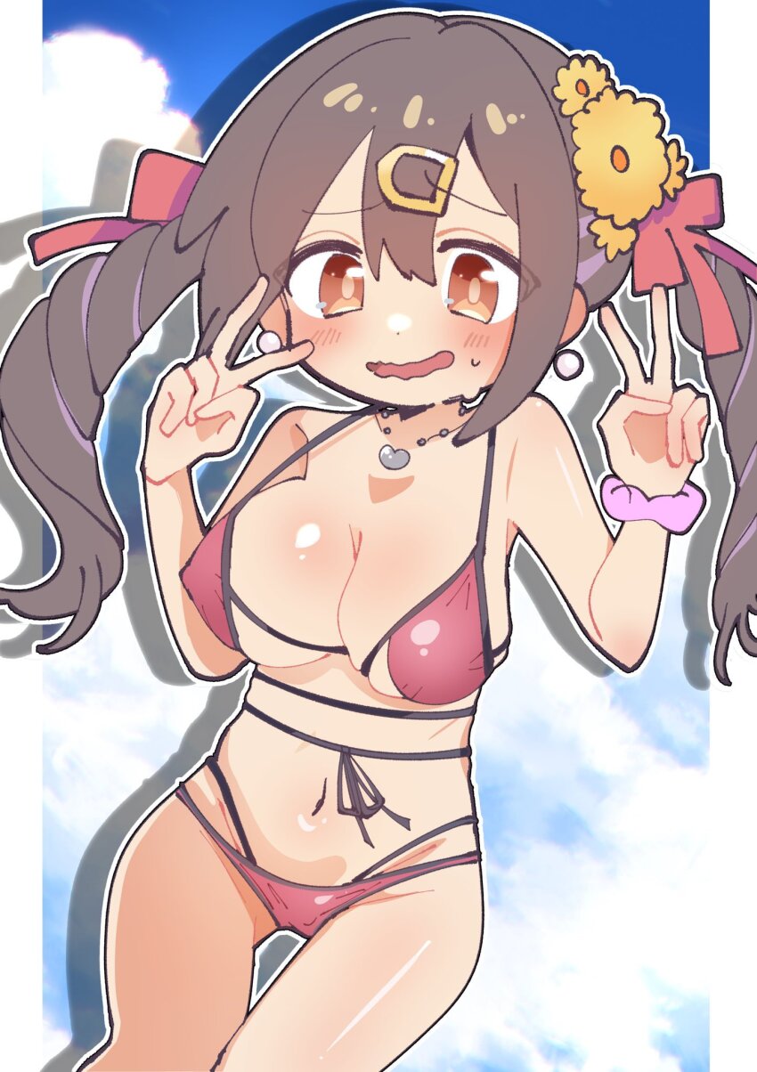 09hkr, 1girl, :d, bare_arms, bare_legs, bare_shoulders, bikini, black_hair