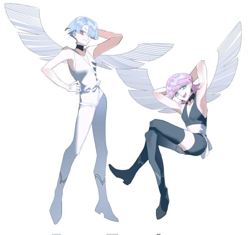 asymmetrical_clothes, black_jumpsuit, boots, brothers, highres, jumpsuit, k_morghania, panty_&amp;_stocking_with_garterbelt, polyester_(psg), polyurethane_(psg), siblings, single_pantsleg, single_thigh_boot, sleeveless_jumpsuit, thigh_boots, waist_ribbon, white_jumpsuit