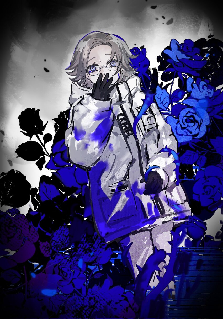 1boy, aotsuki_eito, black_gloves, blue_flower, blue_leaf, covered_mouth, covering_own_mouth, flower