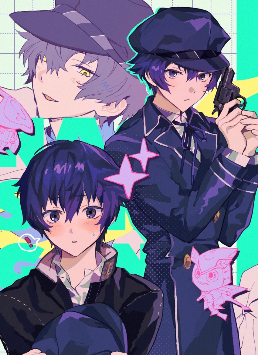 !, 3girls, black_jacket, blue_hat, blue_jacket, blue_ribbon, blush, collared_shirt