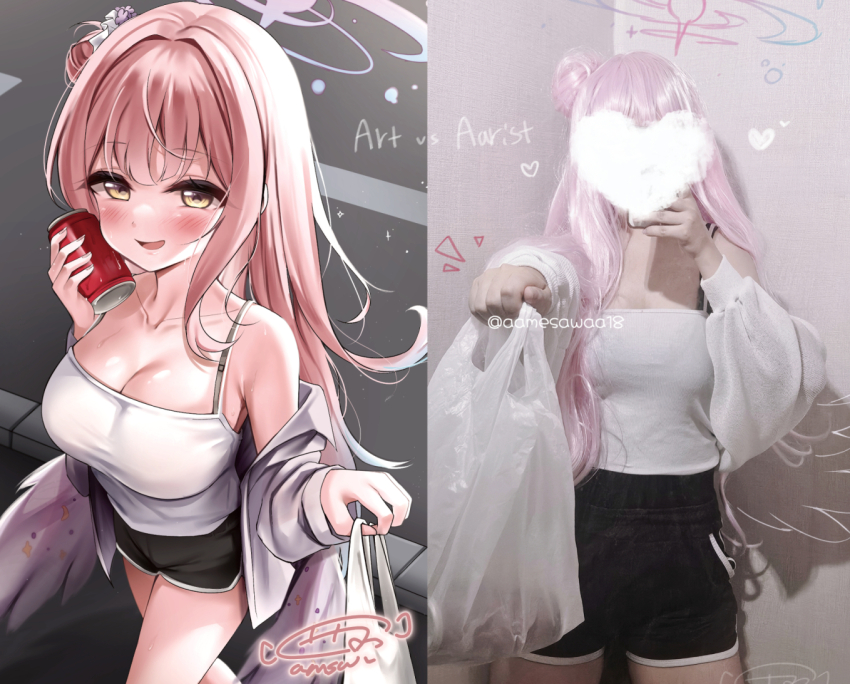 1girl, aamesawaa, alternate_costume, art_vs_artist, bag, bare_shoulders, black_bra, black_shorts