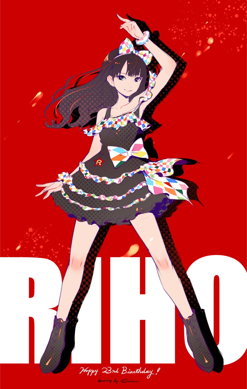 1girl, arm_up, artist_name_(singer), black_hair, blunt_bangs, boots, bracelet, closed_mouth