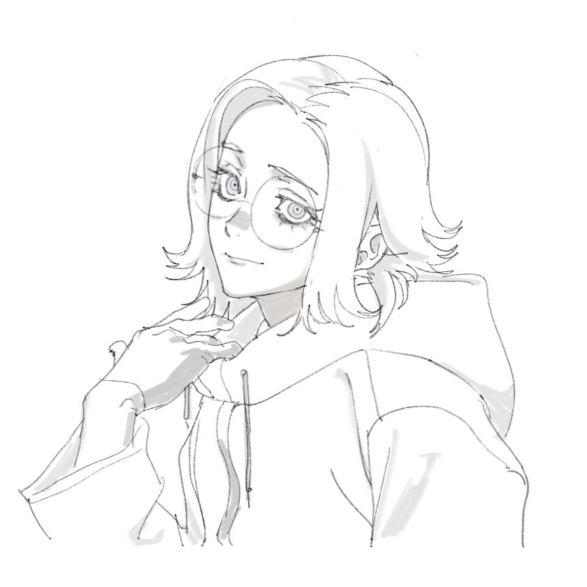 1boy, adc_mt, aotsuki_eito, clothes_tug, cropped_torso, glasses, gloves, greyscale