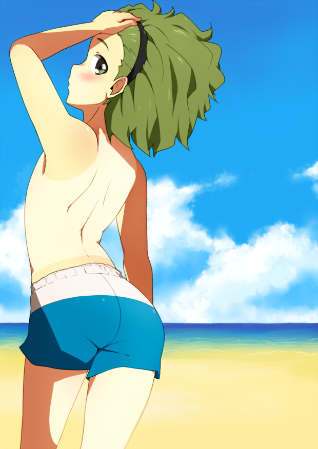 10s, 1girl, bad_id, bad_pixiv_id, beach, blue_male_swimwear, blue_swim_trunks, crossdressing
