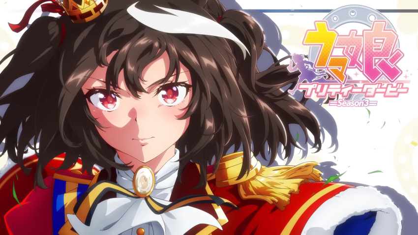 1girl, anime_screenshot, ascot, black_hair, cape, closed_mouth, crown, dot_nose