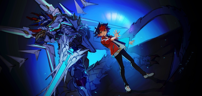 1boy, absurdres, black_hair, black_pants, chinese_commentary, commentary_request, dutch_angle, full_body