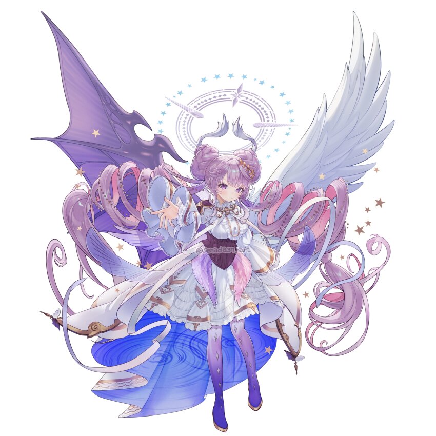 1girl, absurdres, angel_wings, asymmetrical_wings, black_wings, breasts, demon_wings, donut_hair_bun