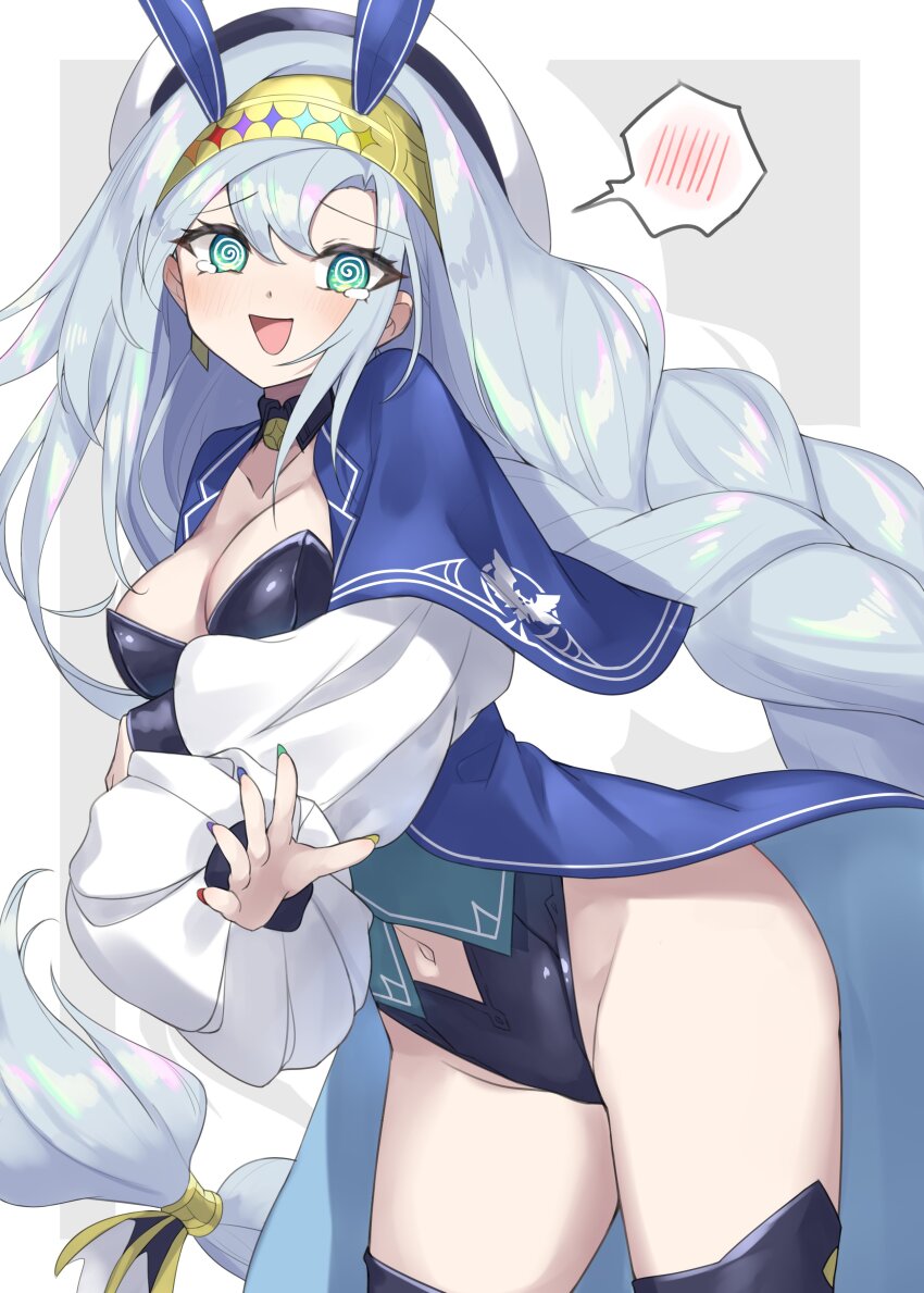 1girl, @_@, absurdres, artmage_finmel, beret, black_leotard, blue_coat, blue_hair