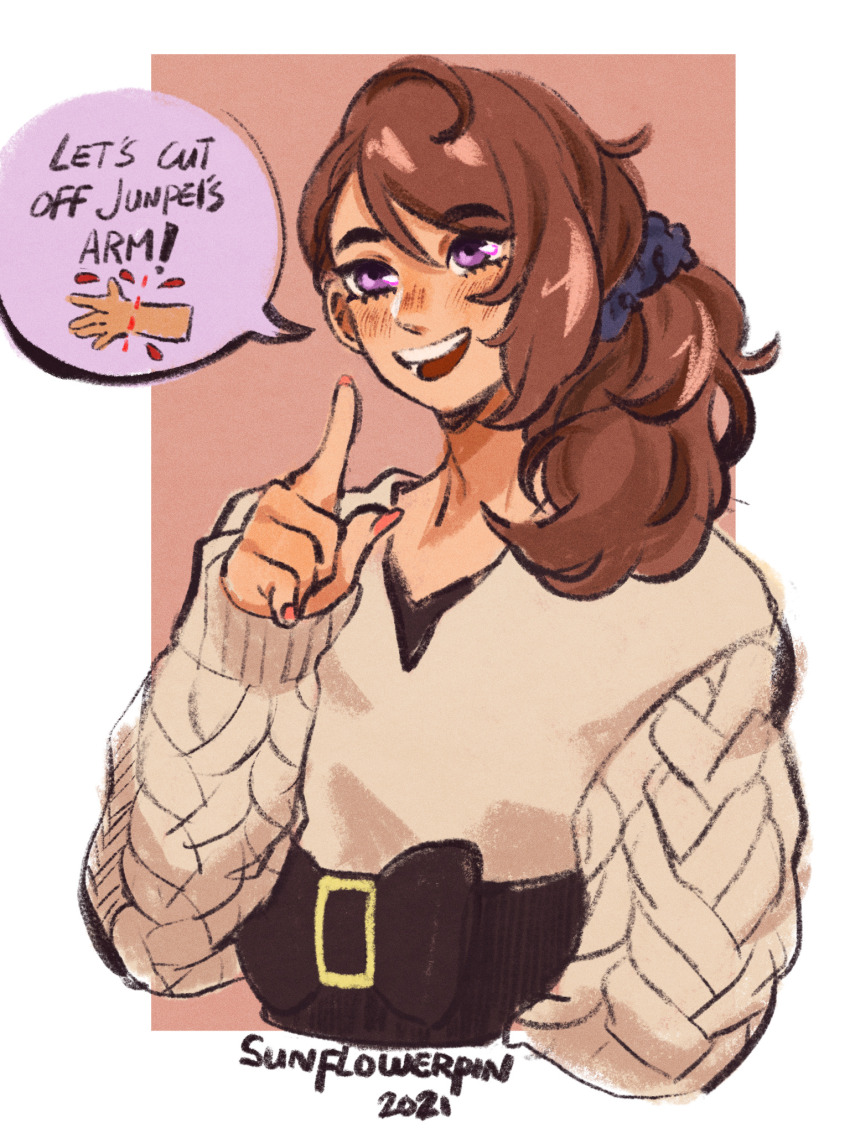 artist_name, blood, blood_drop, border, brown_hair, buckle, cable_knit, commentary