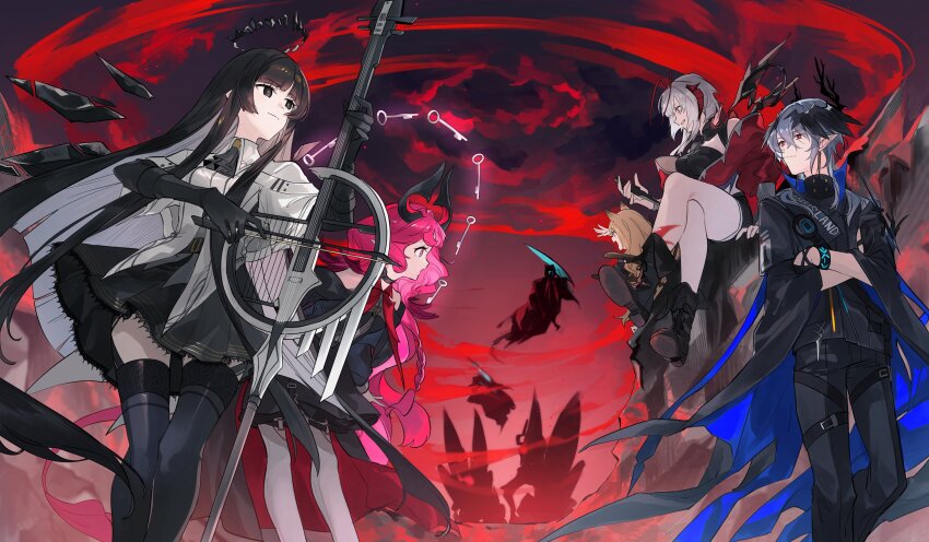 1boy, 4girls, absurdres, animal_ears, arknights, ascot, black_ascot, black_boots, black_dress, black_hair, black_halo, black_horns, black_jacket, black_pants, black_shirt, black_thighhighs, black_wings, boots, brown_hair, ceobe_(arknights), collared_shirt, colored_inner_hair, crossed_arms, crystal_wings, detached_wings, dress, grey_hair, halo, head_wings, highres, horns, infection_monitor_(arknights), instrument, jacket, logos_(arknights), long_hair, multicolored_hair, multiple_girls, music, nymph_(arknights), pants, pink_eyes, pink_hair, playing_instrument, pointy_ears, red_eyes, red_horns, red_jacket, red_sky, shirt, shirt_over_dress, short_hair, short_sleeves, sky, sudaram_(arknights), thighhighs, two-sided_fabric, two-sided_jacket, virtuosa_(arknights), w_(arknights), white_shirt, wings, wis'adel_(arknights), yakota_(usuk-yako)