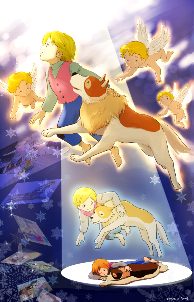 4boys, a_dog_of_flanders, angel, angel_wings, animal, artist_name, artist_self-reference, barefoot